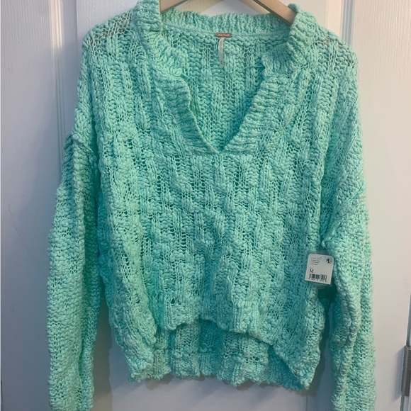 Free People Josephine Cotton Knit V-Neck Long Sleeve Pullover Sweater Mint M NWT - Picture 3 of 4